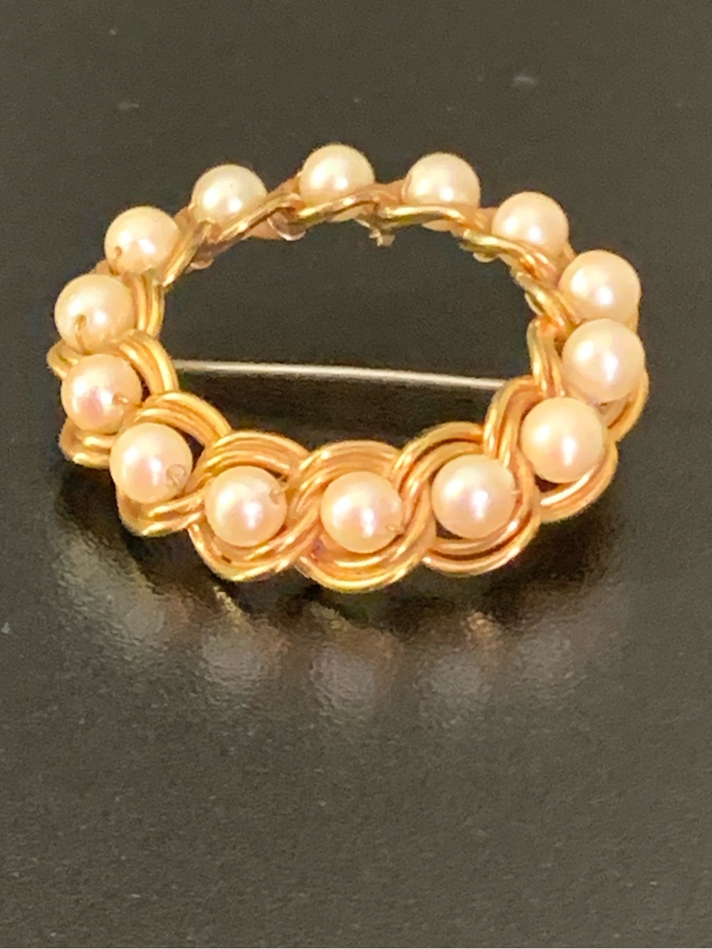 Vintage 12K Gold Filled Faux Pearl Circle Wreath Brooch Pin
